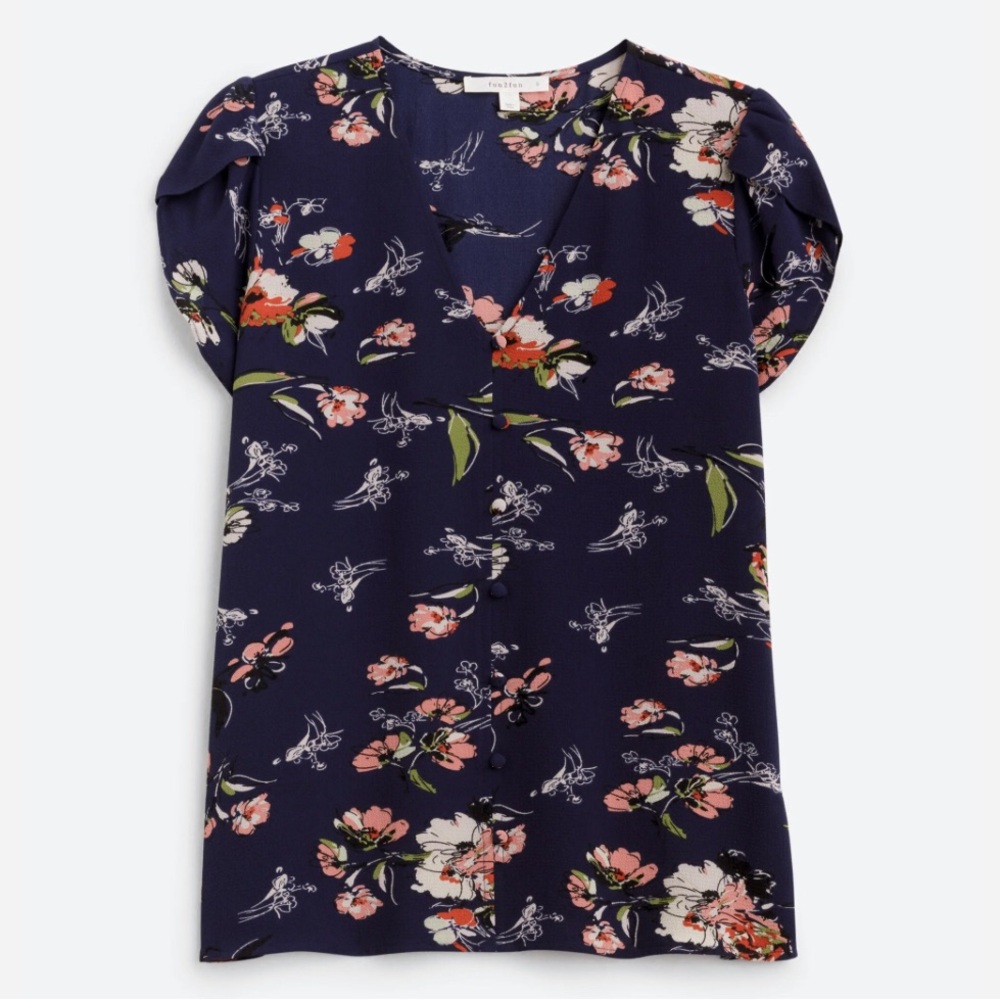 fun 2 fun Navy Floral Tulip Short Sleeve Top Size M